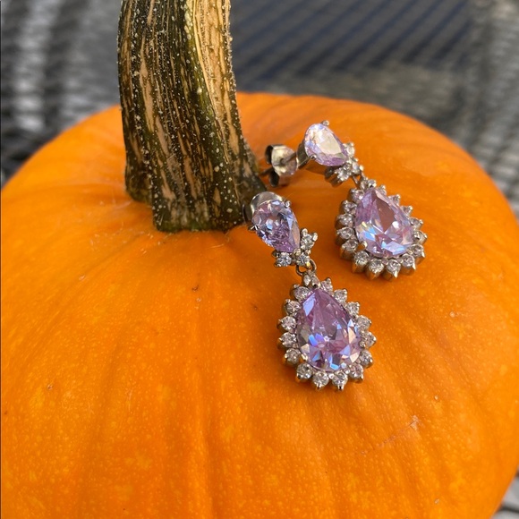 Sterling Silver 925 Purple and Clear Stone Dangle Earrings - Picture 13 of 16